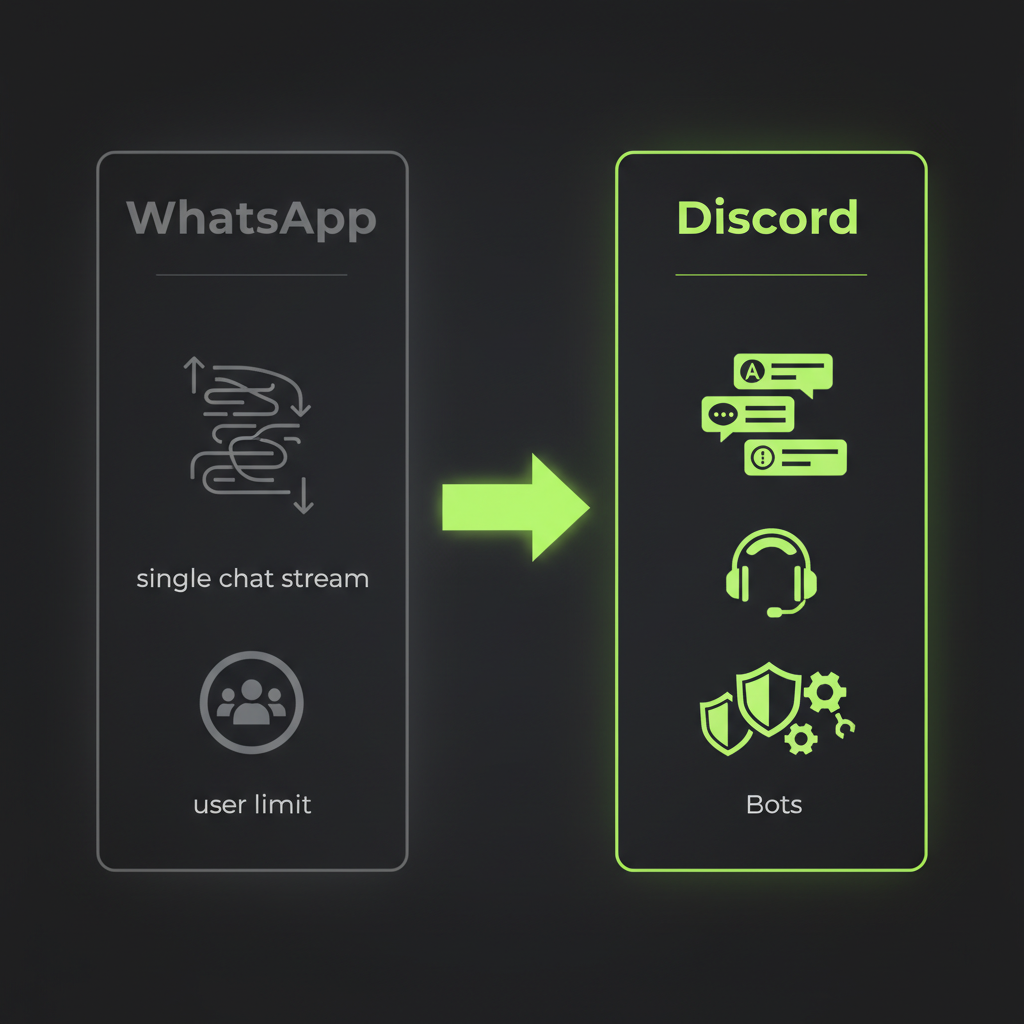 Infographic comparing WhatsApp features to Discord robust community tools