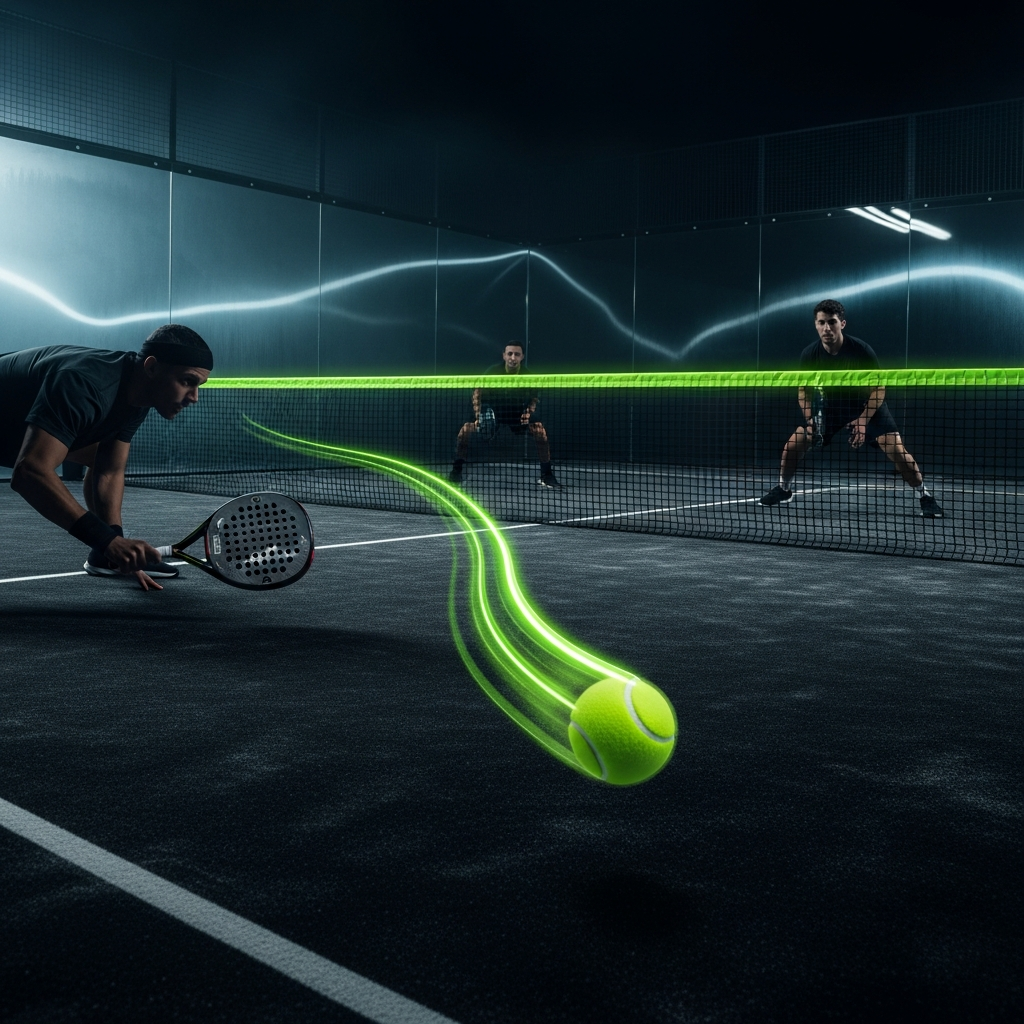 Padel players mid-rally with neon glow