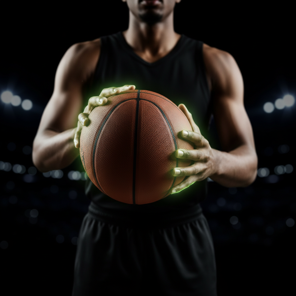 Close-up of an NBA player's hands holding a basketball, with a lime green glow symbolizing mental focus before a free-throw.