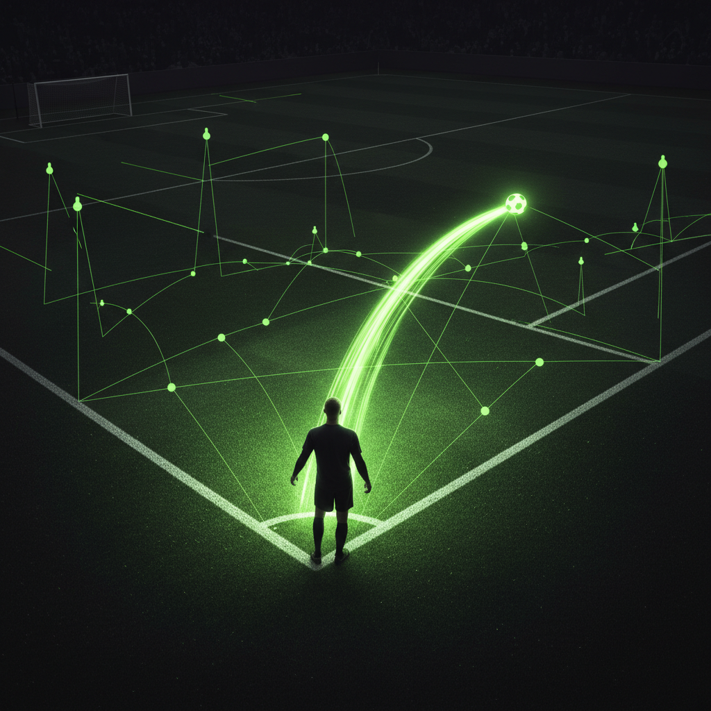 A tactical diagram showing an AI analysis of a football corner kick routine with lime green arrows.