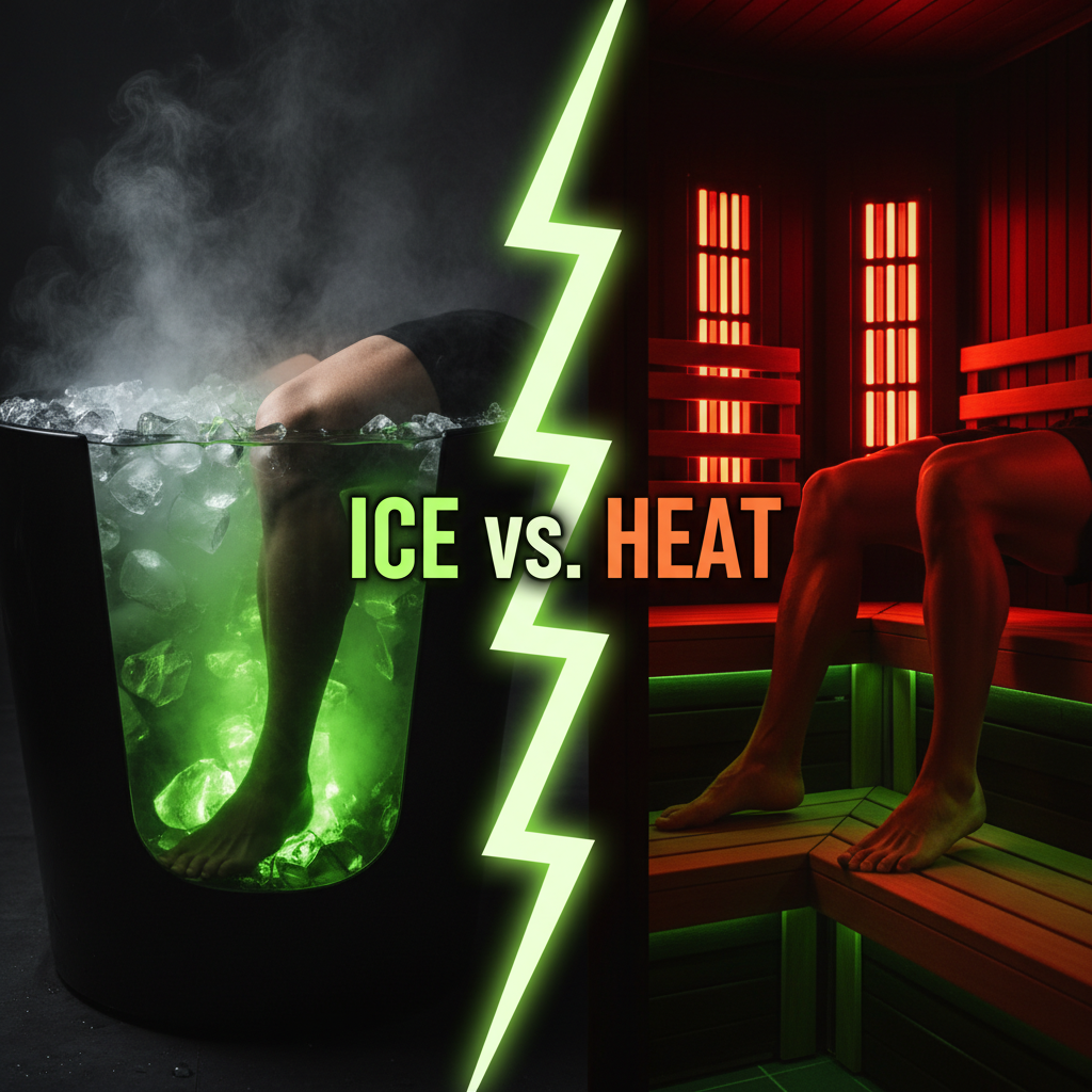 The concept of contrast therapy for athlete recovery, showing a split between icy water and infrared heat.