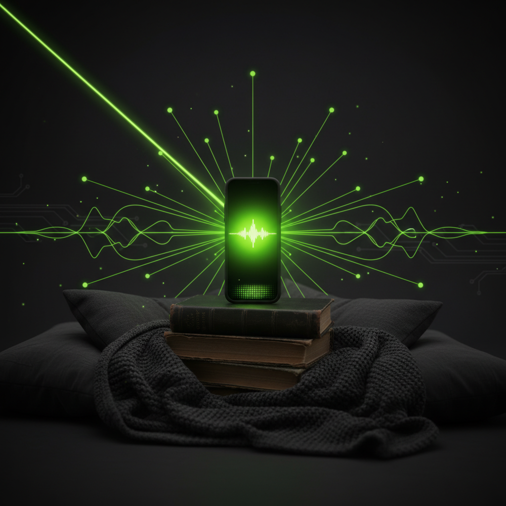 An abstract network graphic with a central lime green node connecting to many others, symbolizing podcast community growth.