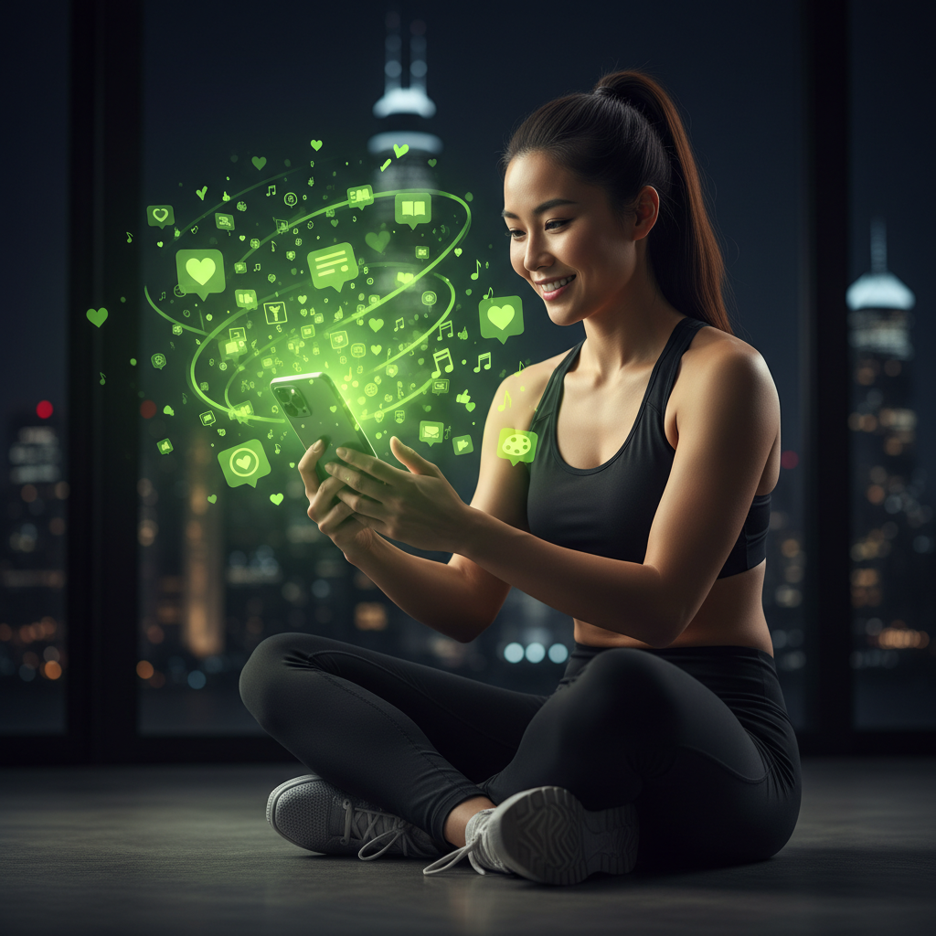 An athlete positively managing their personal brand on a smartphone, with lime green icons symbolizing their authentic interests and fan engagement.