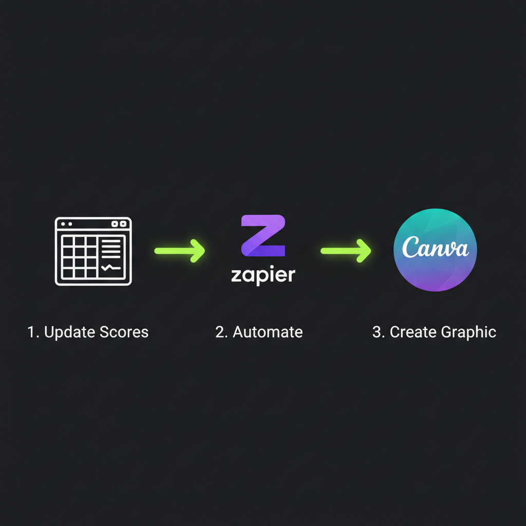 A diagram showing the workflow of automating score graphics from a spreadsheet through Zapier to Canva.