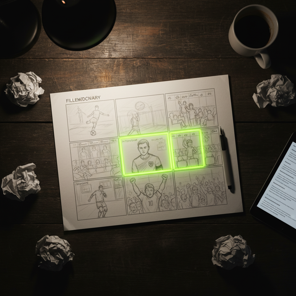 A soccer player kicking a ball with a dynamic lime green light effect in a dark stadium, capturing the action of a sports documentary.