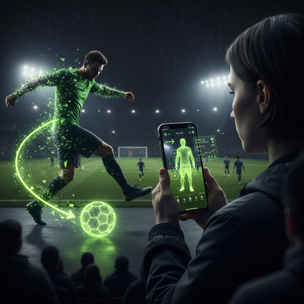 An AI coaching app on an iPhone displays tactical analysis with lime green graphics on a dark soccer pitch.