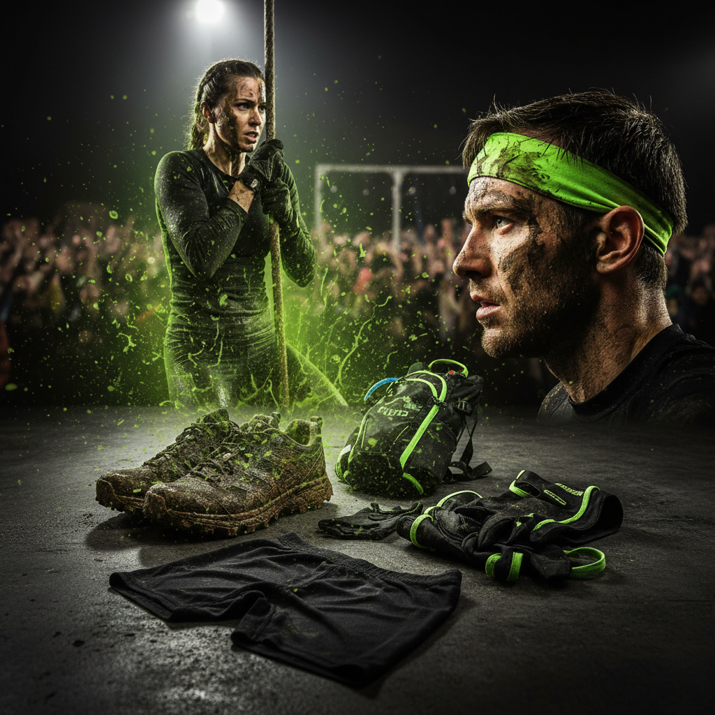 An athlete showing mental grit and determination during a tough obstacle course race.