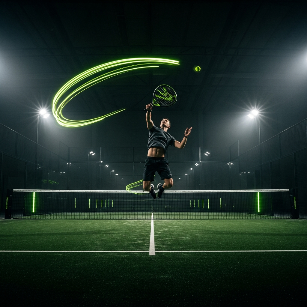 Padel player executing a smash with lime green light trails