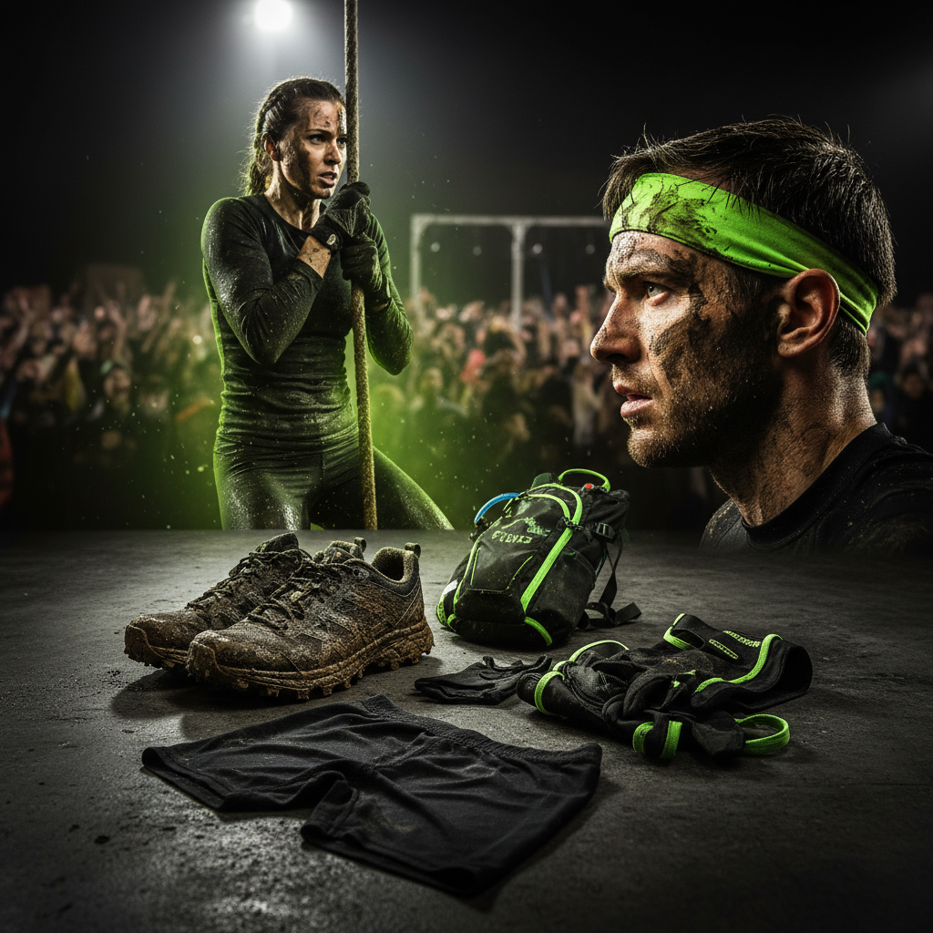 Essential gear for Spartan Race and Tough Mudder 2026, including trail shoes and compression clothing, laid out in a lime green and dark color scheme.