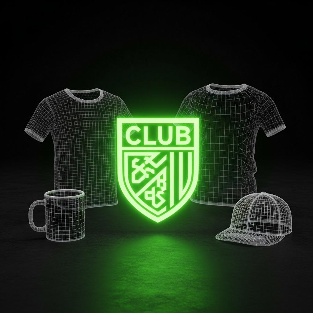 Vibrant lime green neon club crest with digital merchandise wireframes