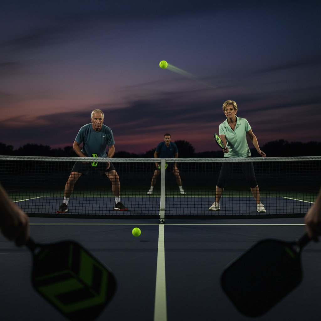An experienced male pickleball player executing a controlled third shot drop with a lime green ball on a dark court.