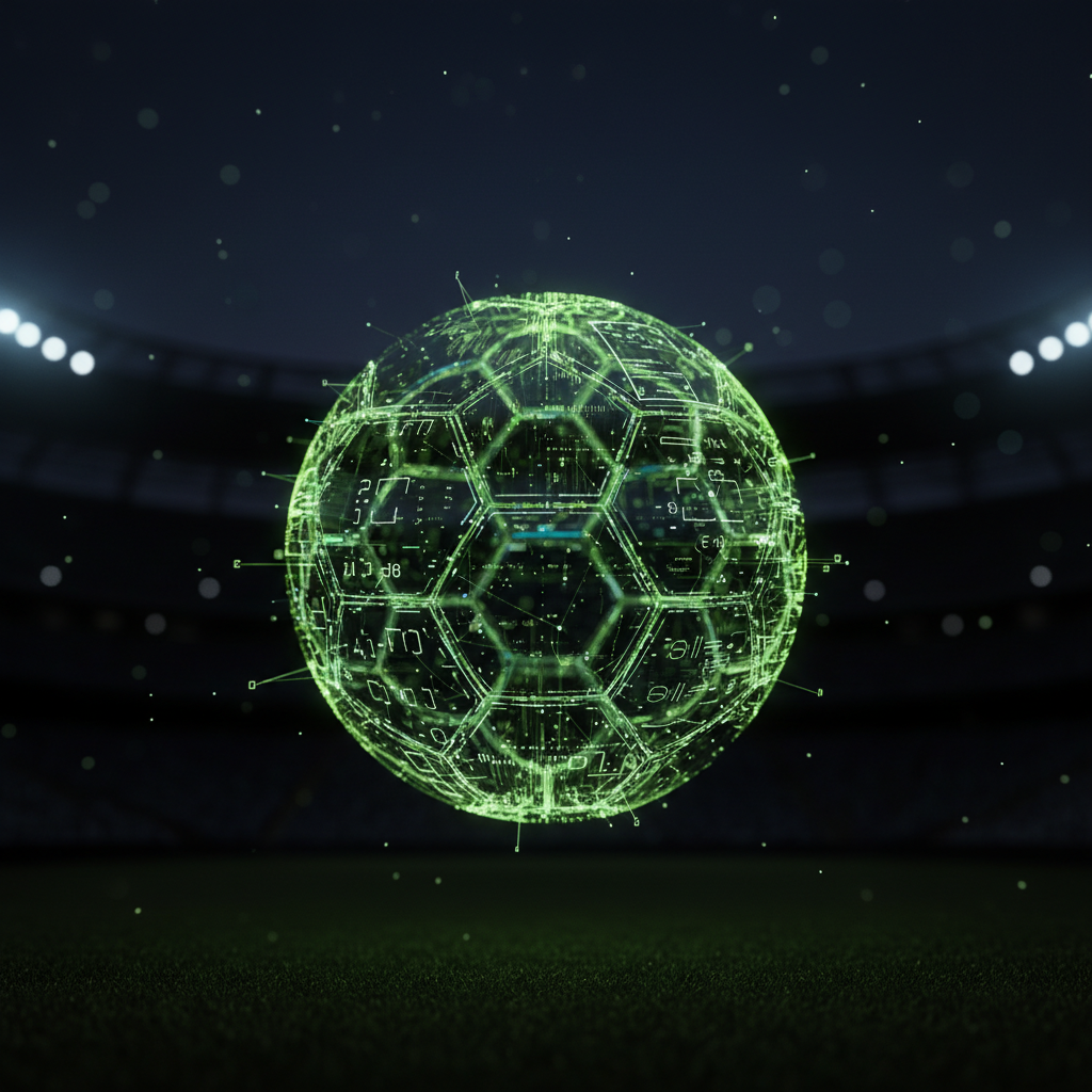 Goalkeeper using a VR headset for immersive training, with lime green and dark tones.