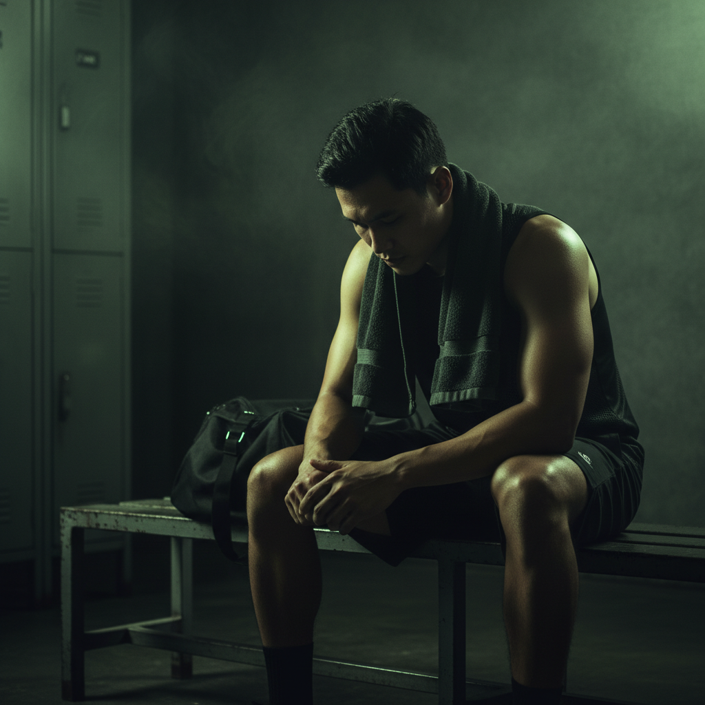 An exhausted athlete in a dark locker room with lime green lighting, contemplating the mental toll of recruitment.