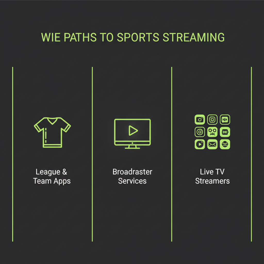 Infographic showing three paths to sports streaming: league apps, broadcaster services, and live TV streamers, using a dark theme with lime green highlights