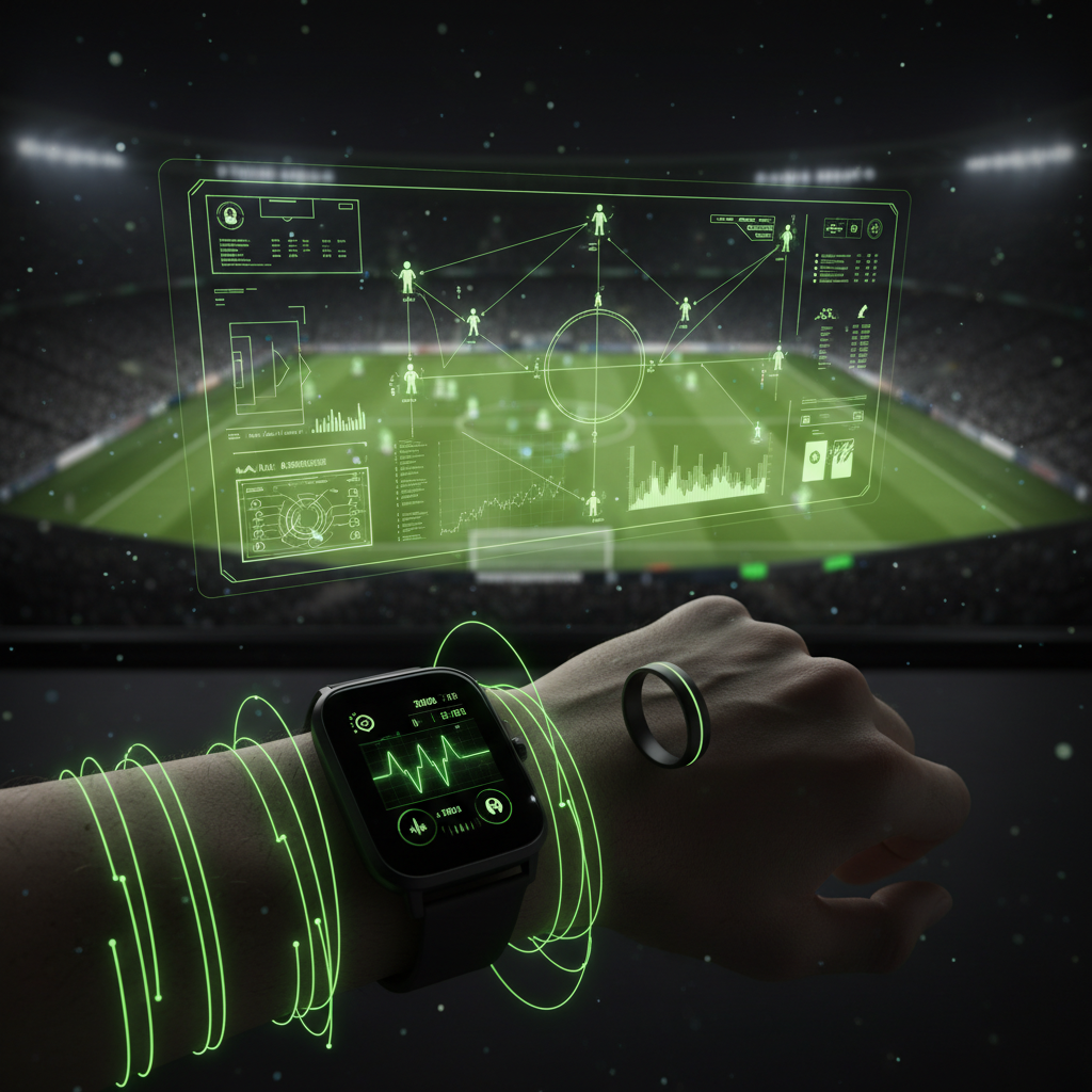 A coach using a holographic interface with lime green data to analyze a sports match.
