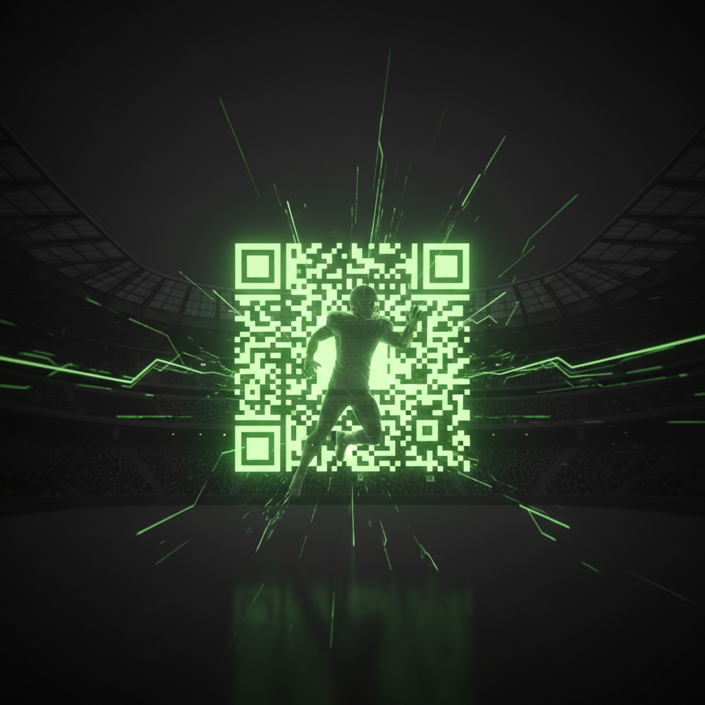 Fan scanning a lime green QR code e-ticket on their smartphone at a dark, modern stadium turnstile.