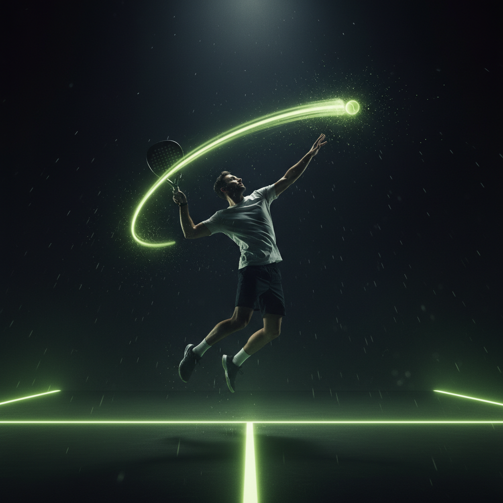 Essential beginner padel gear including a round racket, shoes, and balls with lime green details on a dark background.