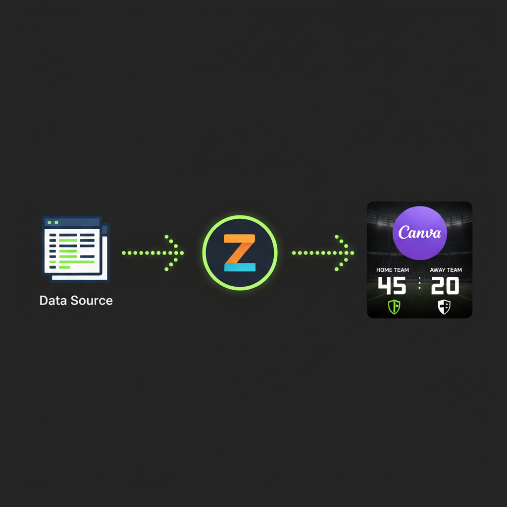 A diagram showing the workflow of automating score graphics from a spreadsheet through Zapier to Canva