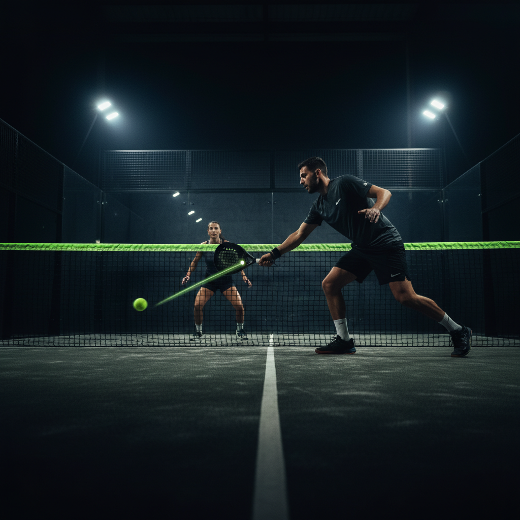 Close-up of carbon fiber Padel racket hitting ball