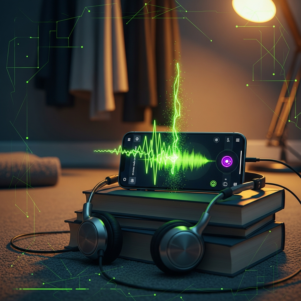 A 16:9 thumbnail for a podcast blog post with a dark, moody background. A vibrant, electric lime green soundwave graphic cuts across the center of the image, glowing subtly.