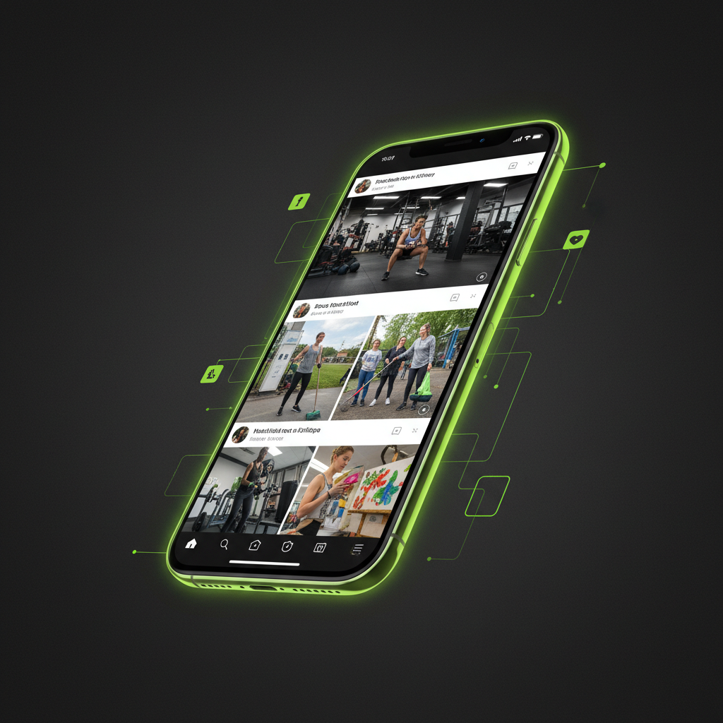 Athlete personal branding shown on a smartphone with a dark and lime green color scheme.