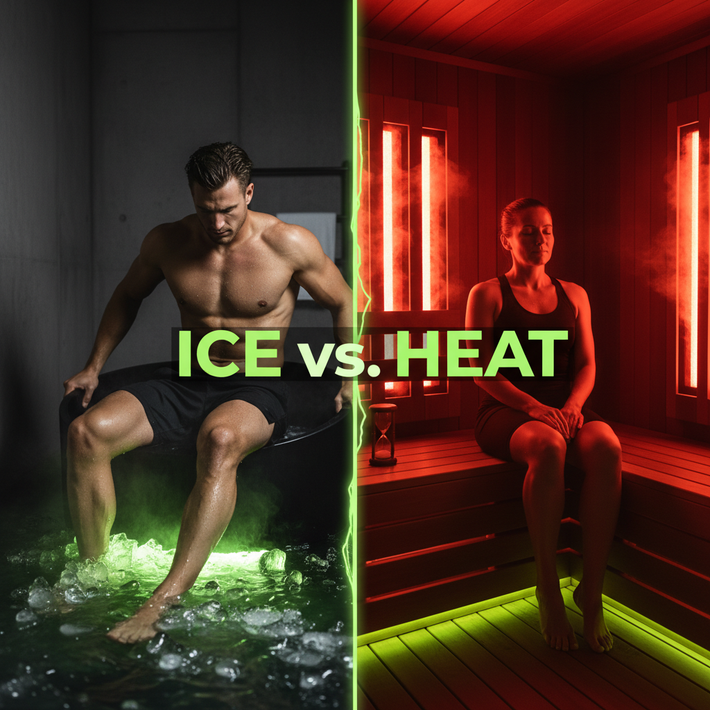 Athlete finding focus during a post-match recovery ice bath with lime green ambient light.