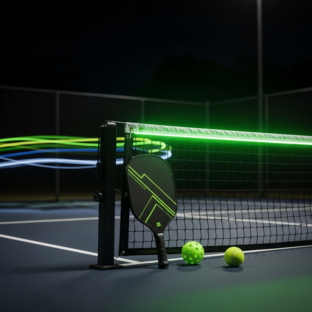 Dramatic night shot of an illuminated lime green pickleball court