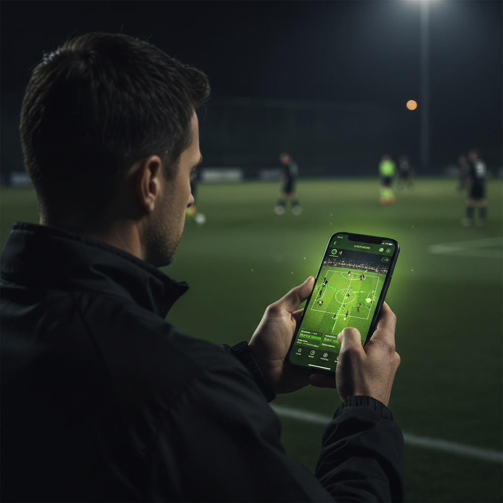 A fan uses their smartphone in a stadium to view a "phygital" AR experience with lime green player stats.