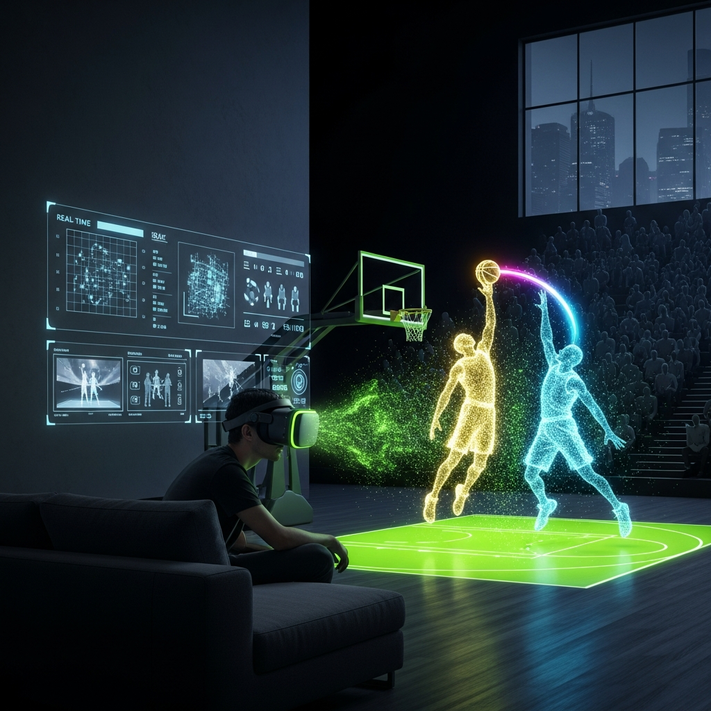 Man in VR headset with holographic basketball court