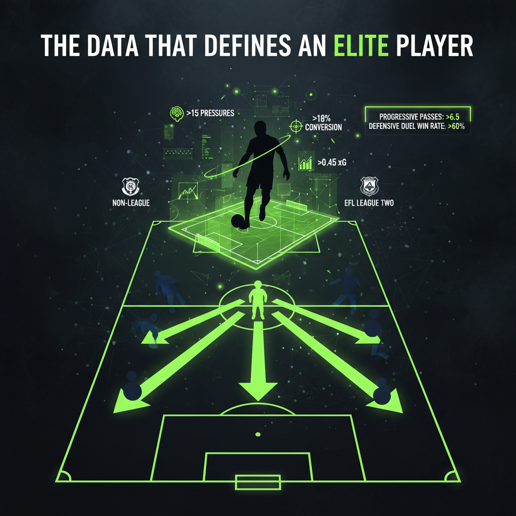 Key data metrics for an elite non-league striker, including xG and defensive pressures.