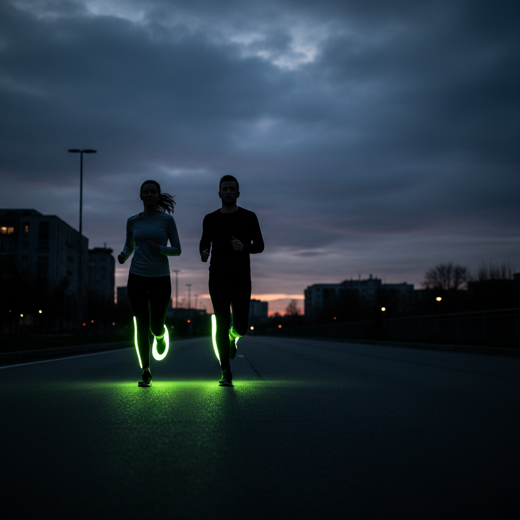 Close-up of two pairs of running shoes with lime green details on a dark pavement, symbolizing a shared fitness journey.