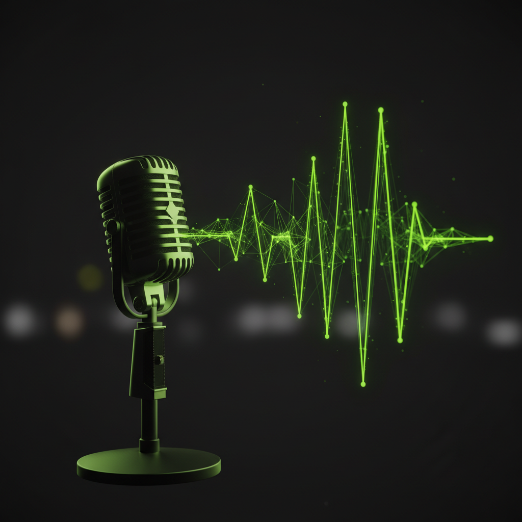 A microphone representing media training for athletes, set against a dark background with a lime green soundwave.