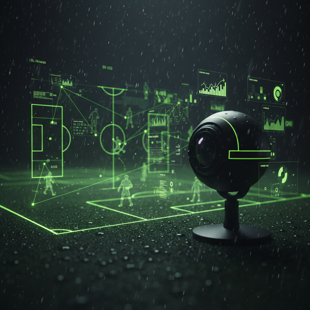 Coach analyzing a player heatmap on a tablet, showcasing AI-driven tactical data with lime green graphics.