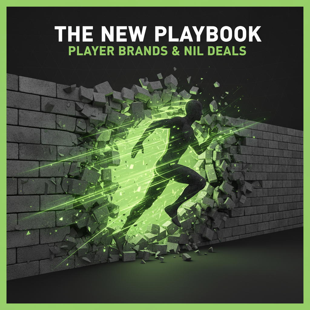 A college athlete transforms their brand and earning potential through NIL deals, shown in a modern dark and lime green graphic.
