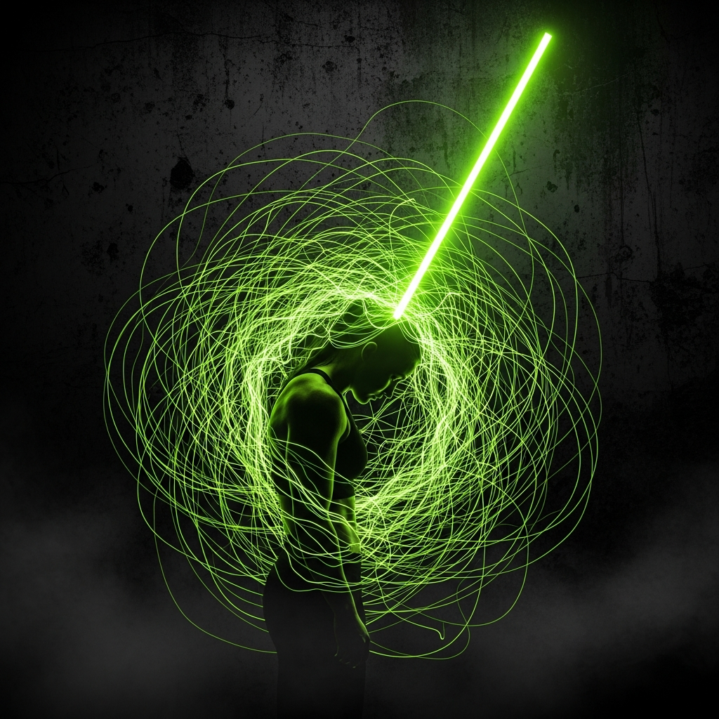 Stylized silhouette of an athlete in thought with lime green energy swirls