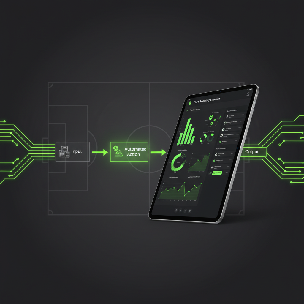 A dark mode dashboard interface with lime green charts illustrating digital efficiency metrics for player scouting.