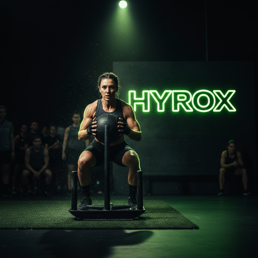 Athlete's hands gripping a SkiErg machine under intense lime green and dark lighting.