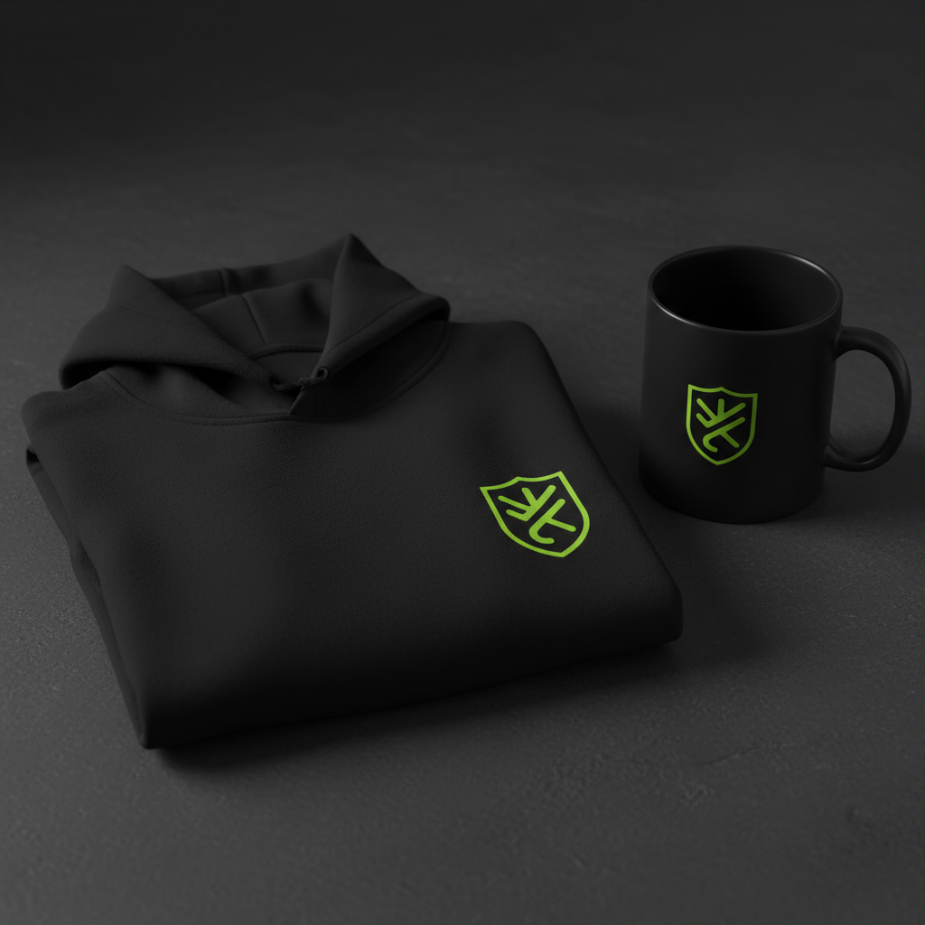 A black hoodie and matching mug with a lime green club logo, showcasing print-on-demand merchandise for clubs.