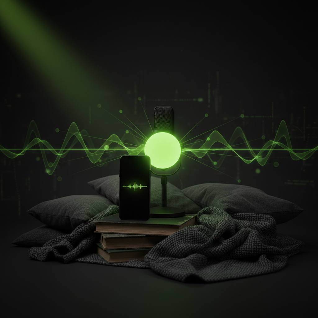 A smartphone set up for zero-budget podcast recording, surrounded by pillows in a dark room with a lime green accent light.