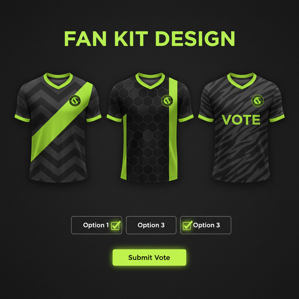 A fan holding a smartphone to vote for Man of the Match on a mobile app during a live football game at night.