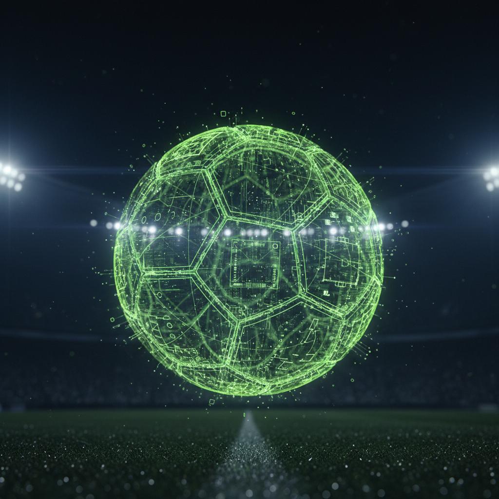 AI match analysis showing tactical formations on a football pitch with glowing lime green data points.