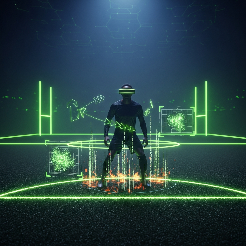 Professional football player wearing a VR headset on a futuristic pitch with lime green data streams