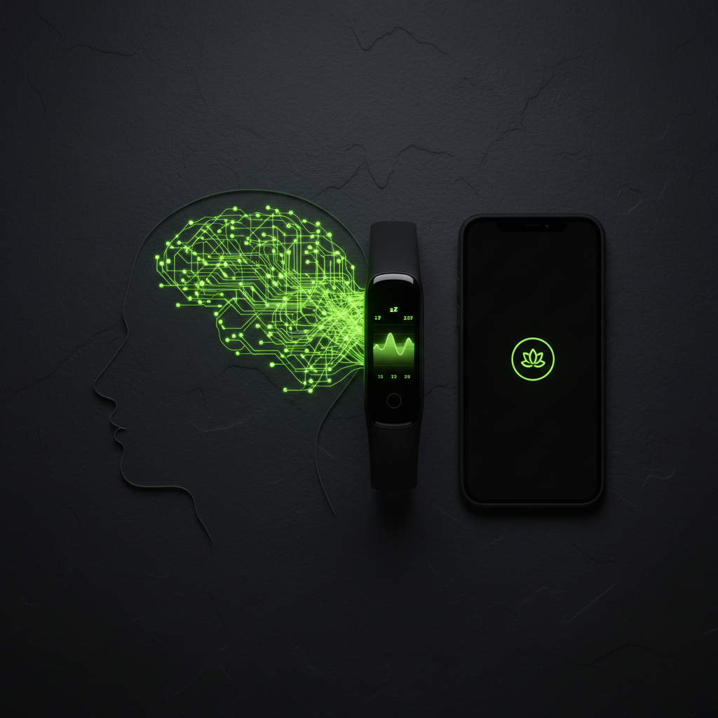 Affordable sleep and recovery tech including a fitness tracker and smartphone with lime green details on a dark surface.