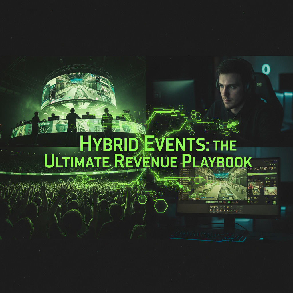 A diagram showing tiered ticketing options for hybrid events with lime green icons on a dark background.