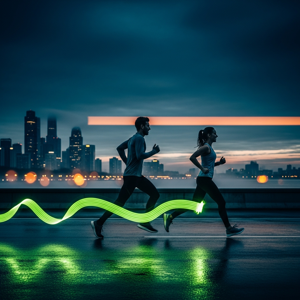 A cinematic dark-toned urban scene at dusk with runners and lime green light trails