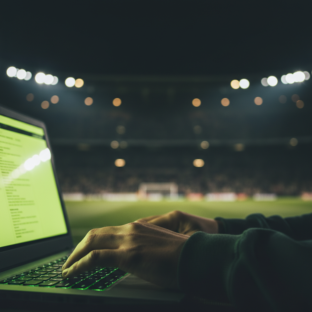 A fan typing a match report on a laptop with a lime green glow, with a dark, blurred stadium in the background.