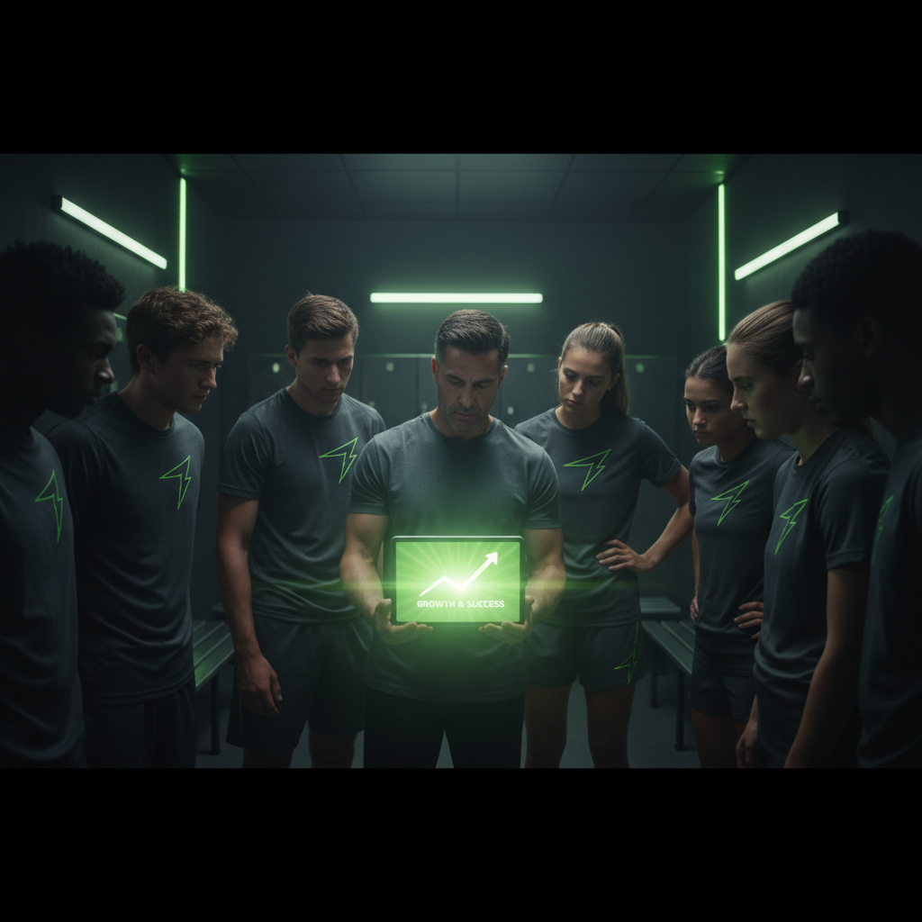 Sports club merchandise, including a beanie and t-shirt with lime green logos, displayed next to a smartphone showing the online store.