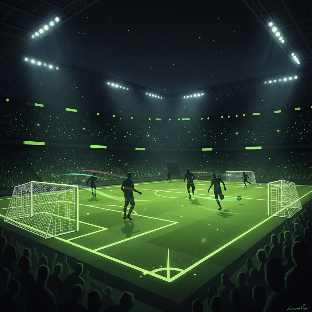 Futuristic 7-a-side football match under neon lights, symbolizing the Kings League