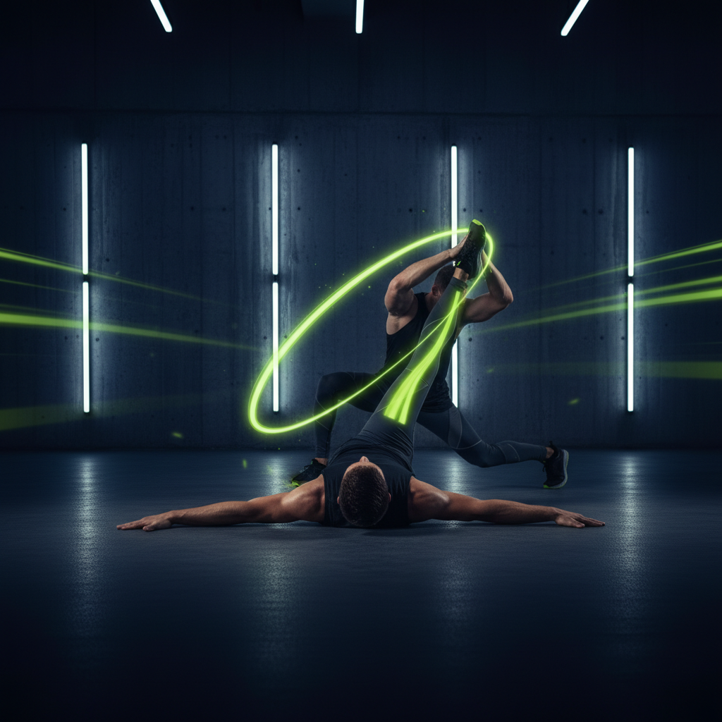 Athlete demonstrates the scorpion dynamic stretch with a lime green motion trail to show proper form for ACL injury prevention.