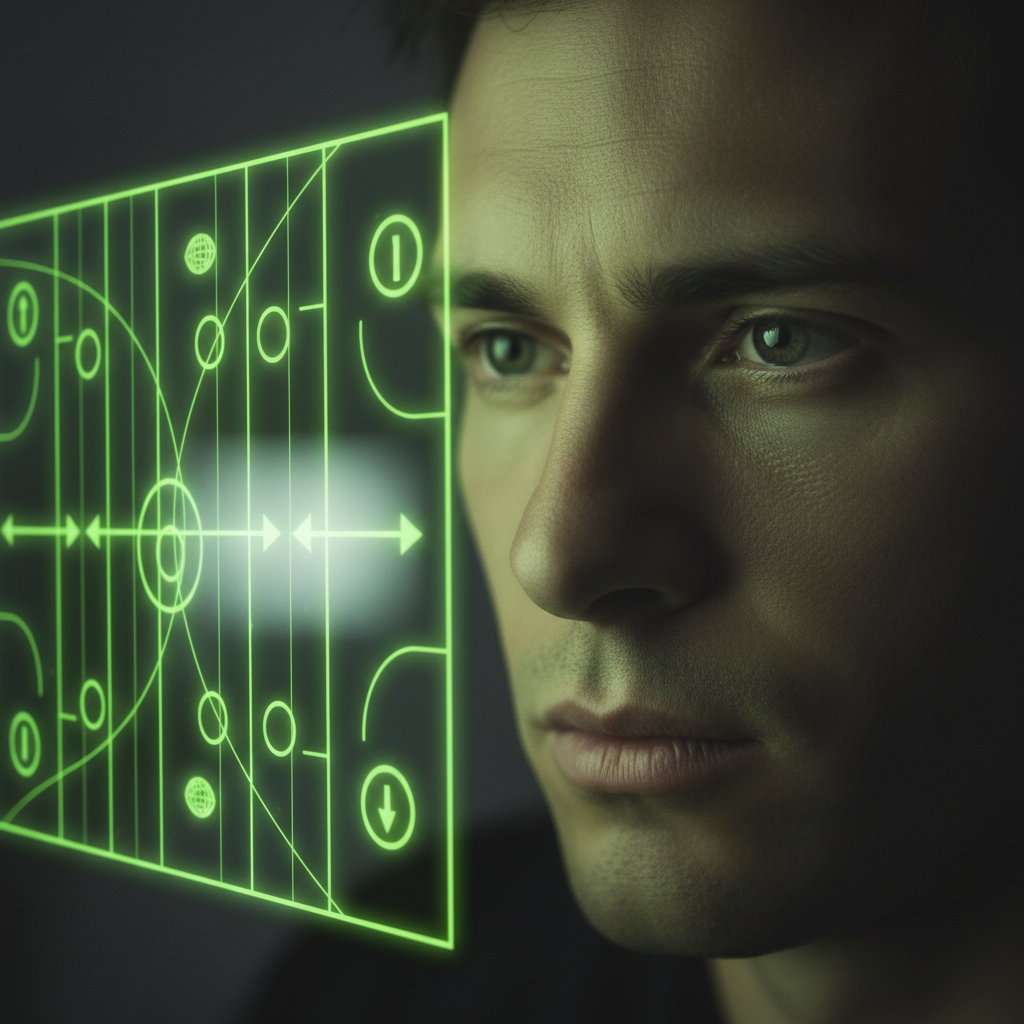 An athlete using constructive self-analysis to review game highlights with a focused mindset.